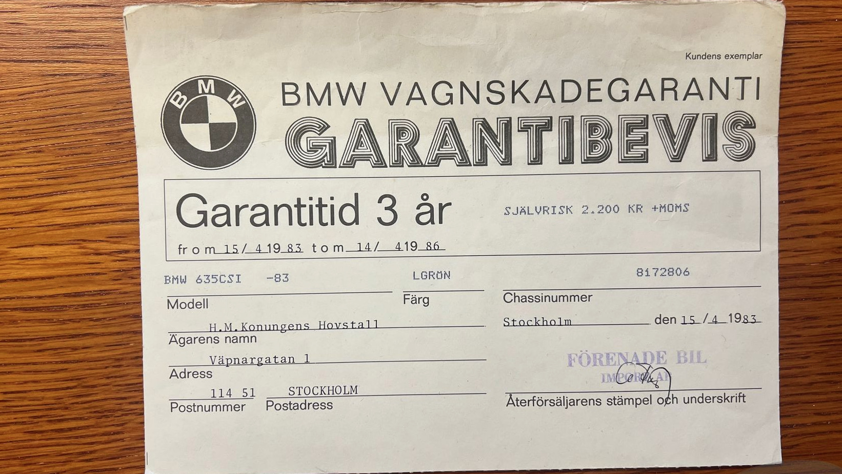 BMW 635 garantibevis